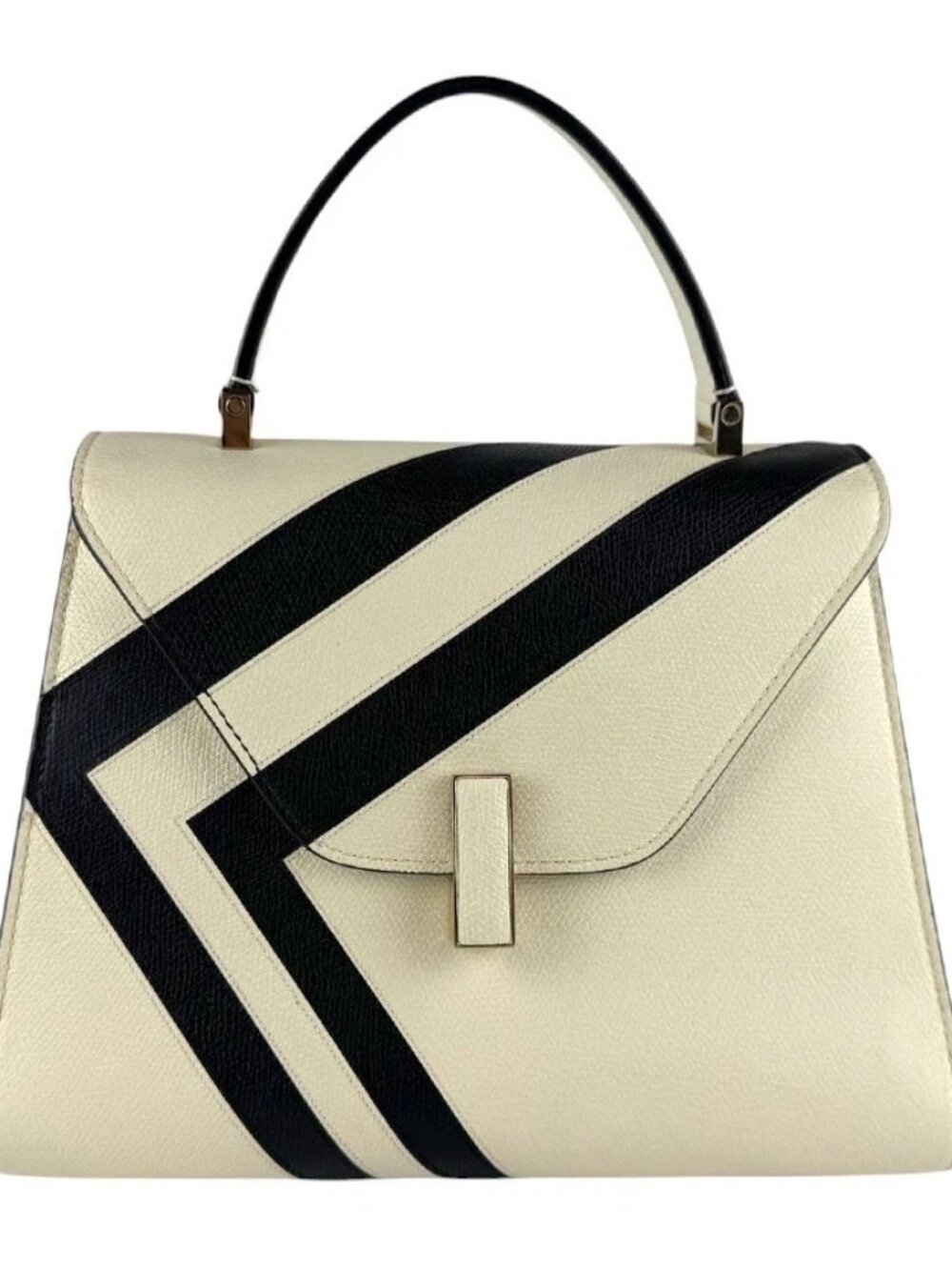 Auth Valextra Iside Handbag Shoulder Bag Off White/Black Leather/Goldtone z9318
